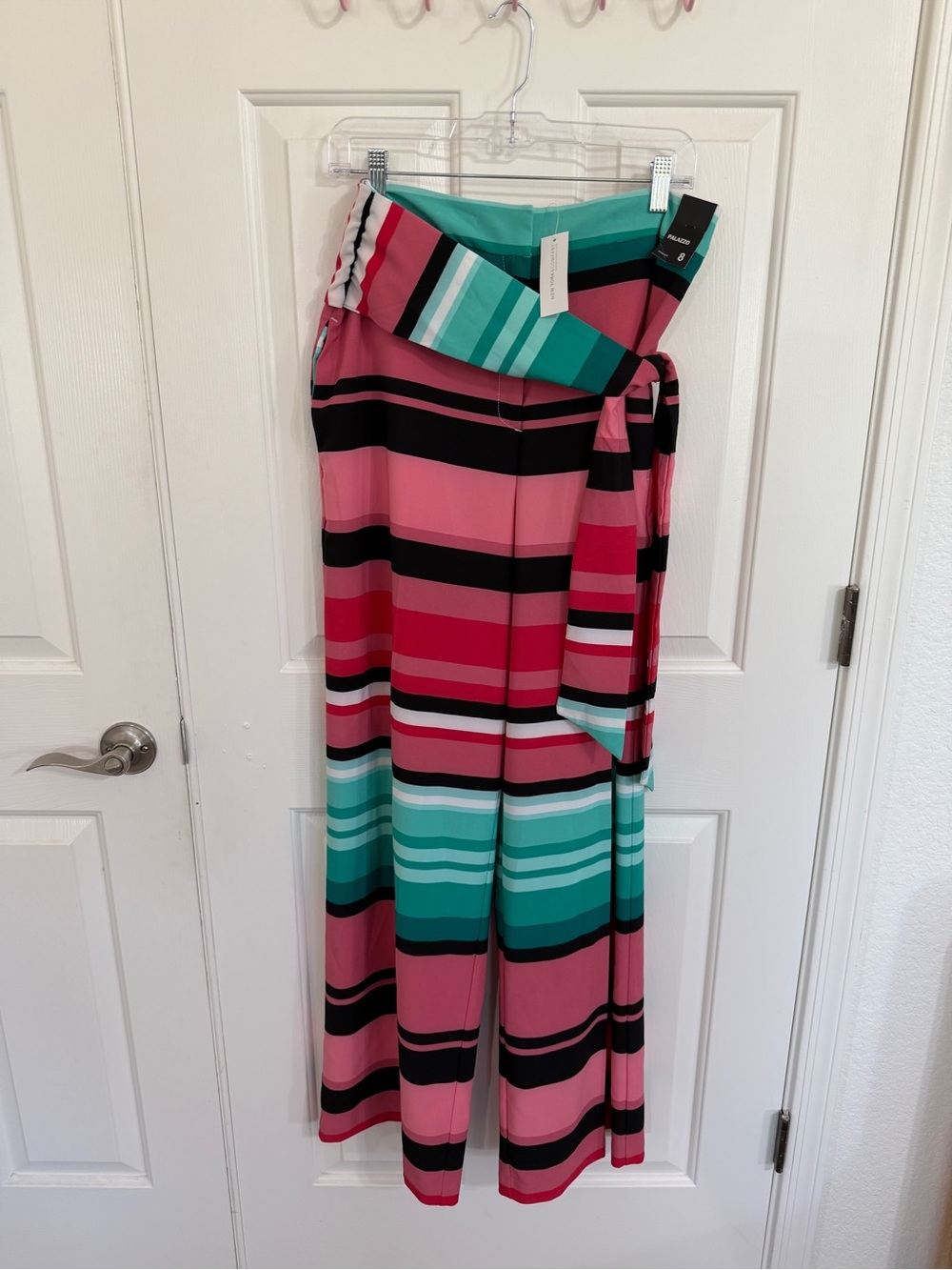 New York & Company Pink and Teal Striped Wide-Leg Jumpsuit